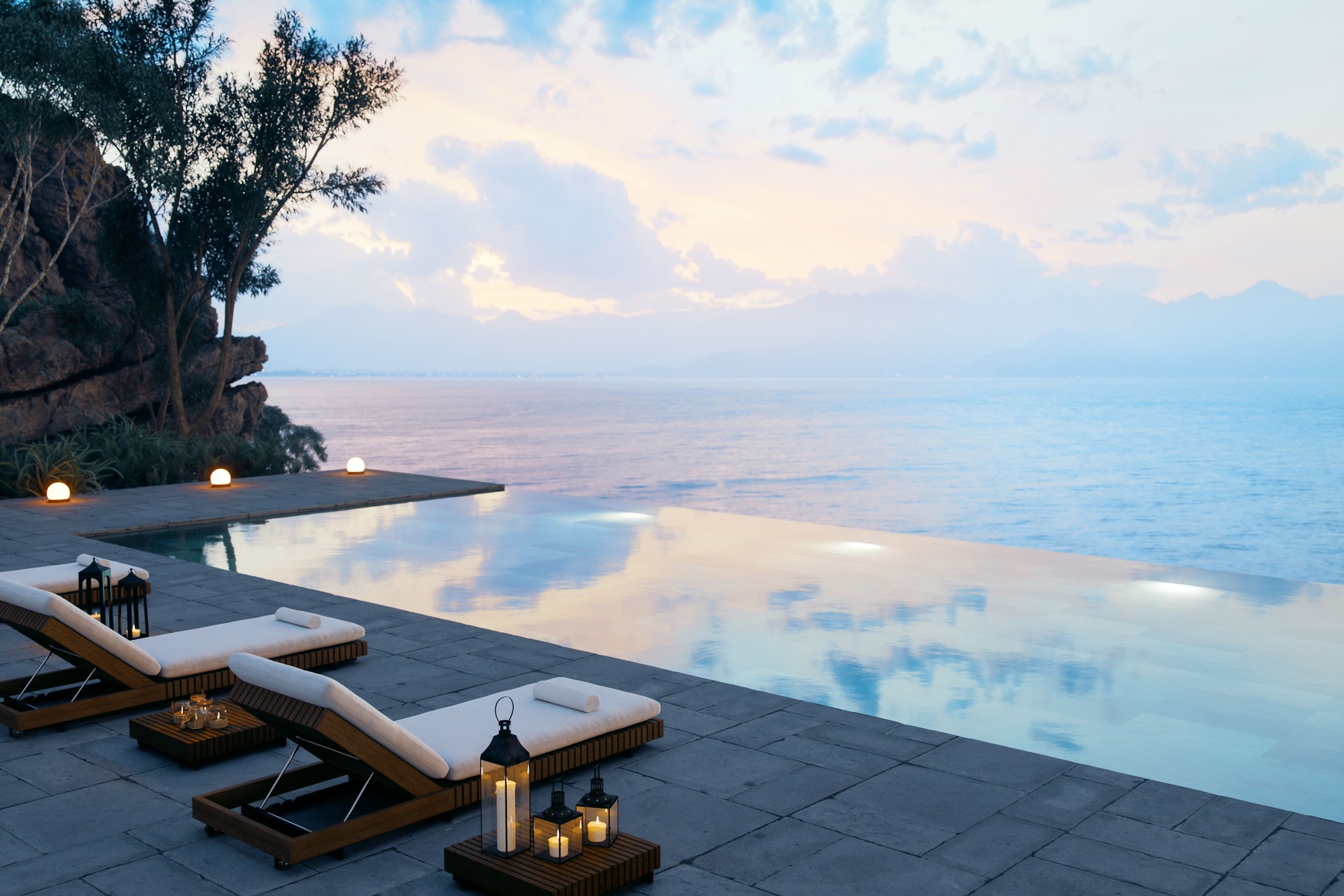 Luxurious Poolside Area with Infinity Pool Overlooking the Sea