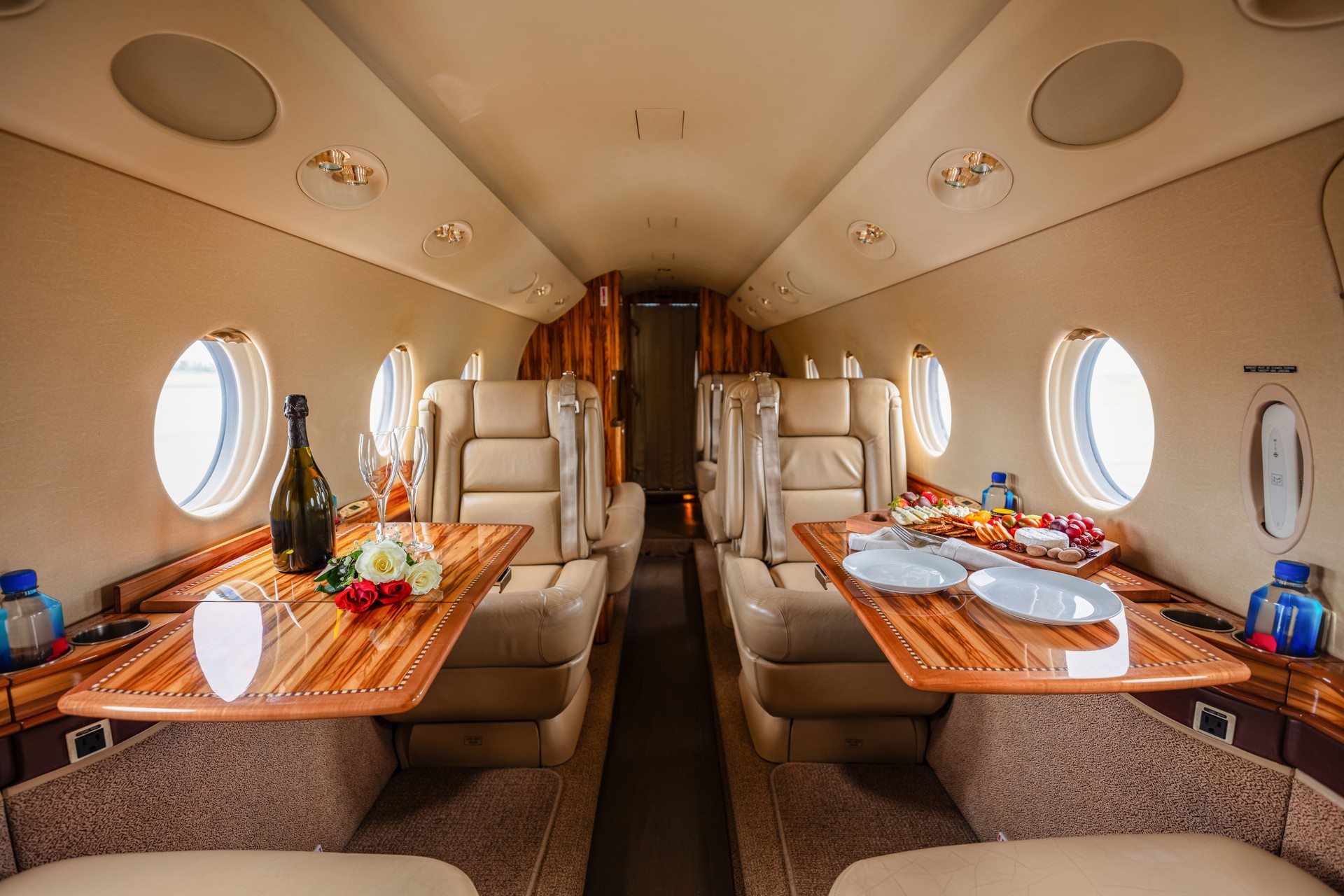 Private Jet Interior with Wine and Cheese Plate